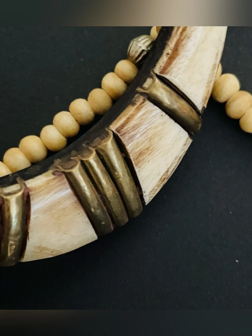 Necklace Vintage Inlaid Crescent Beaded Cream Color Short Boho Bohemian - Picture 5 of 8